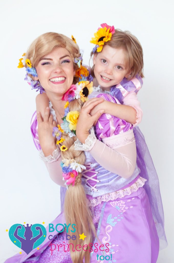 One photo of little boy dressed as the princess Rapunzel.