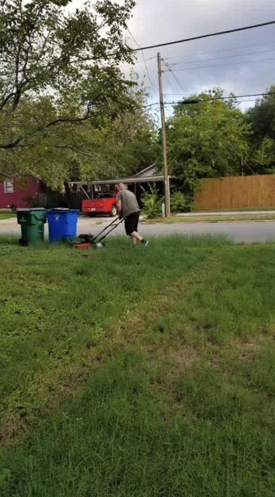 A father still mowing his ex-wife's lawn. 
