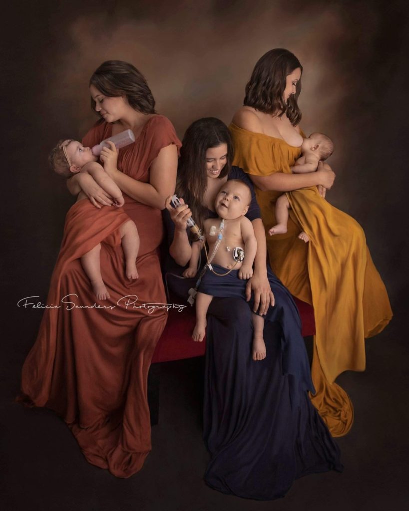 Portrait of three women feeding their babies in three different ways. The purpose is to show that feeding a baby is beautiful no matter how a parent is able to do it.