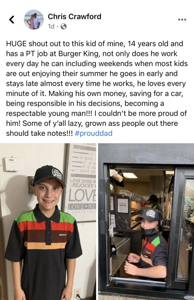 Chris Crawford's son working full time at Burger King Drive Thru