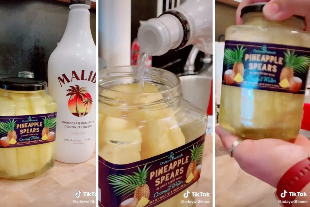 pineapple spears being converted to boozy adult pineapples by being soaked in Malibu rum