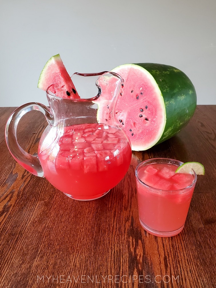 pitcher, watermelon, drink, table, wood