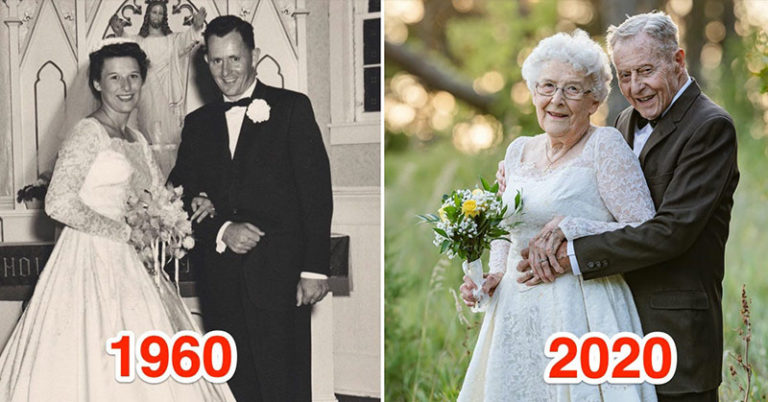 Couple wears their original wedding attire for an adorable 60th anniversary photoshoot - Featured image
