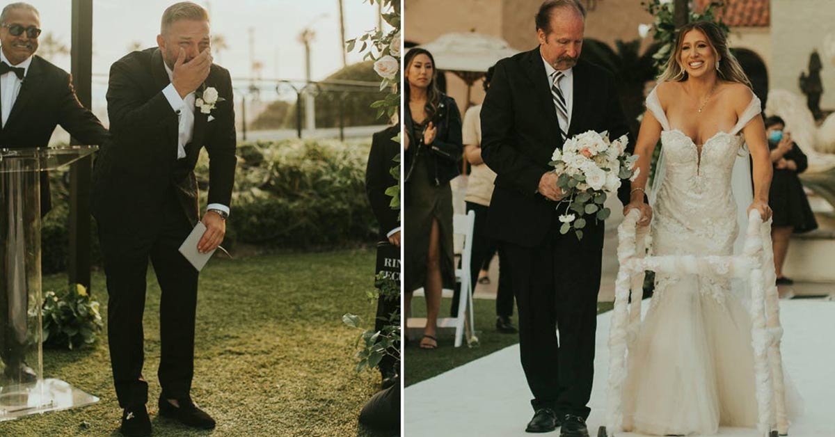 A bride who uses a wheelchair surprised her groom by walking down the