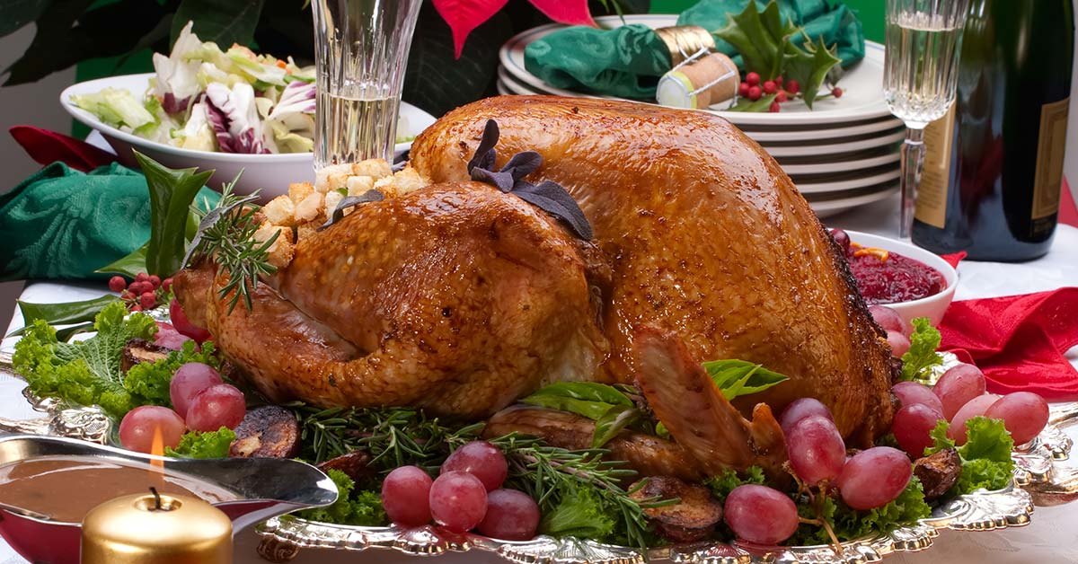 fully cooked and prepared turkey served on a plate with cranberries and greens