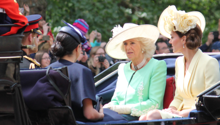 Meghan Markle Prince Harry stock, London uk, 8 June 2019- Kate Middleton, Camilla Parker Bowles, Meghan Markle Prince Harry at Trooping the colour Royal Family Buckingham Palace
