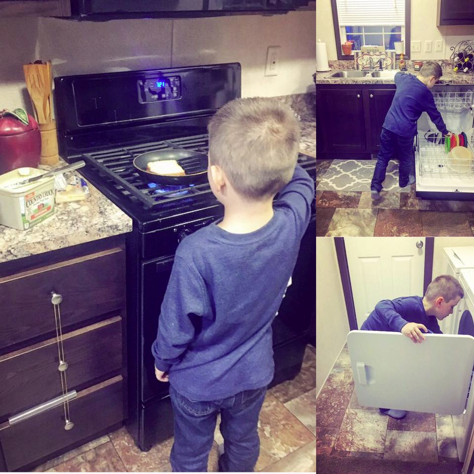 Nikkole Paulun's son doing chores and learning lessons