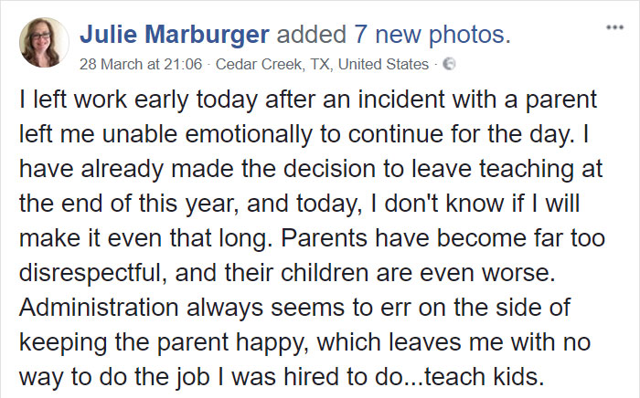 Julie Marburger's facebook post 