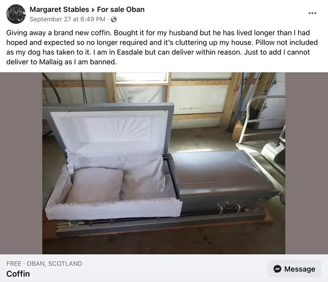 The Facebook ad about the free coffin.