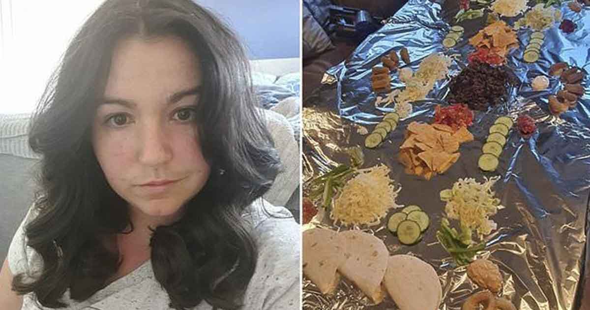 Mother puts tin foil on dinner table to avoid using the dishwasher