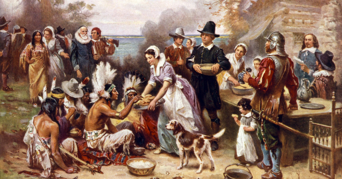 The first Thanksgiving, 1621, Pilgrims and natives gather to share a meal, oil painting by Jean Louis Gerome Ferris, 1932