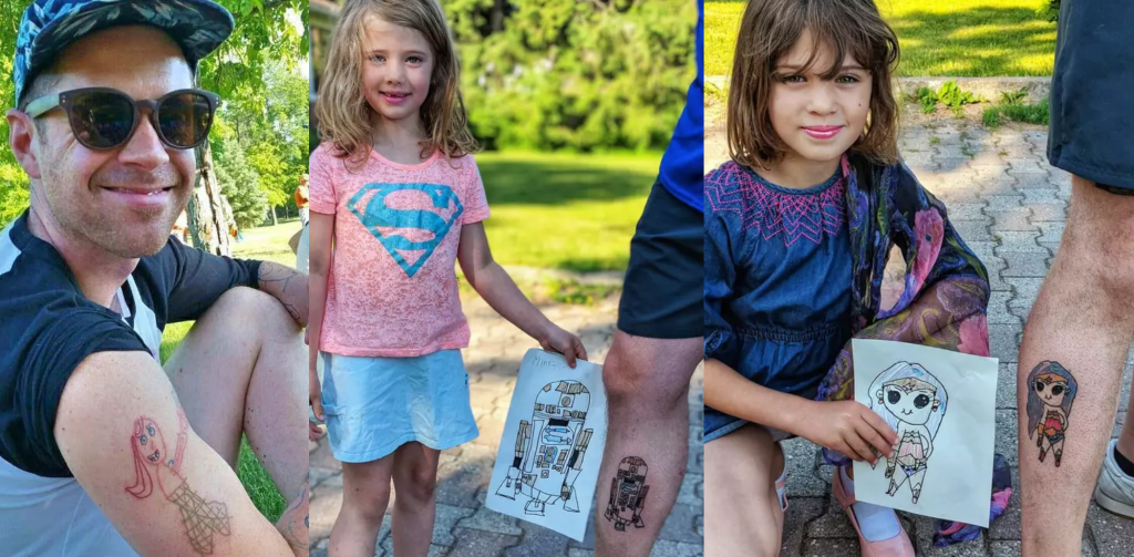 Dad gets tattoos of his daughters' drawings