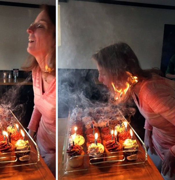 Woman blowing out candles and hair catching alight.
