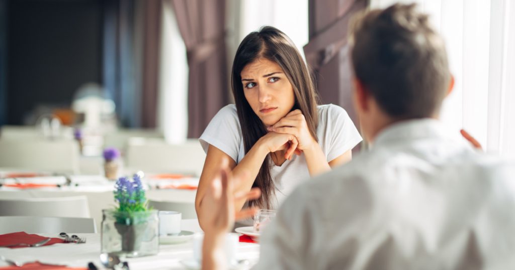 Worried woman doubting.Angry female despise partners actions,agitated person having relationship problems.Revealing the truth.Wandering,not listening conversation.Not convinced.First impression
