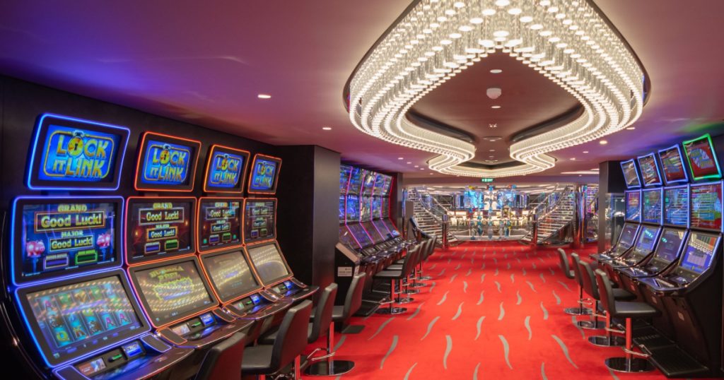 Marseille, France - April 10, 2023 : View of the casino and gaming tables inside the MSC Seashore cruise ship.
