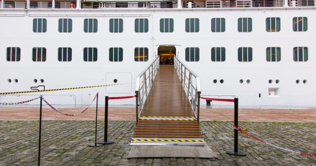 Cruise boarding entrance platform in sea port. Horizontal view