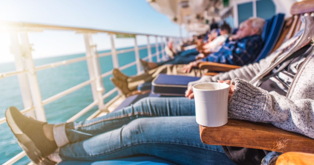 Deckchairs Cruise Ship Relax. Cruise Guest Relaxing in the Sun. Commercial Maritime Theme.
