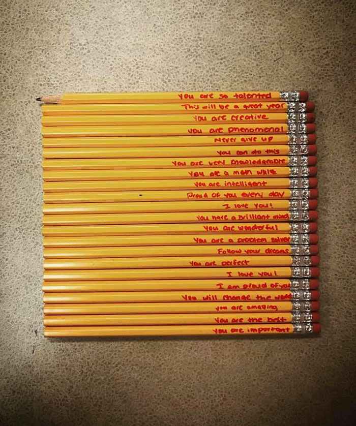 Cox laid out the pencils which has special affirmations on them