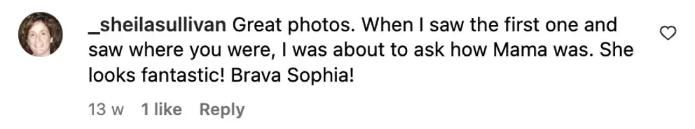 A fan comments on Sasha Alexander's Instagram post featuring Sophia Loren