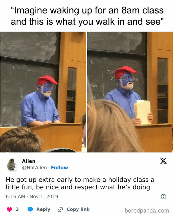 Teacher dressed up as a Smurf