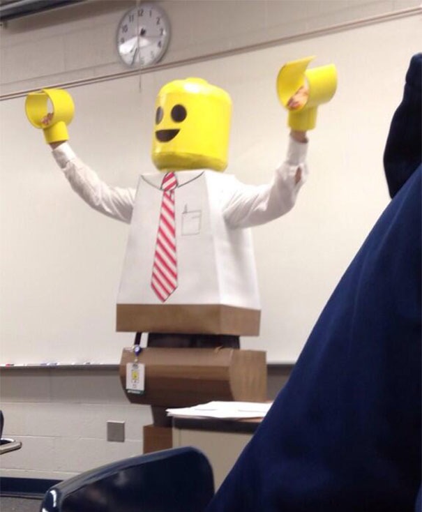 Teacher in a LEGO costume