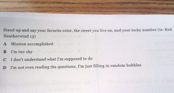 An exam test with interesting answers