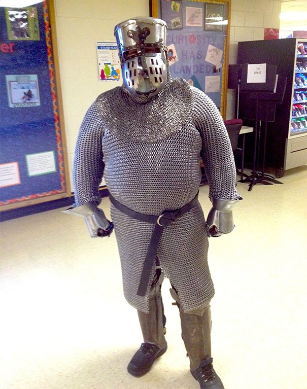 History teacher in a knight's attire