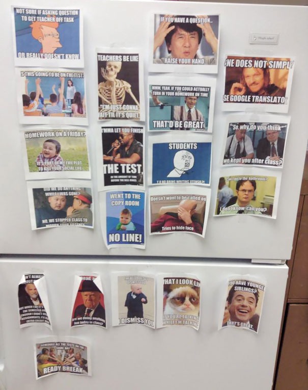 Fridge with memes pasted on top.