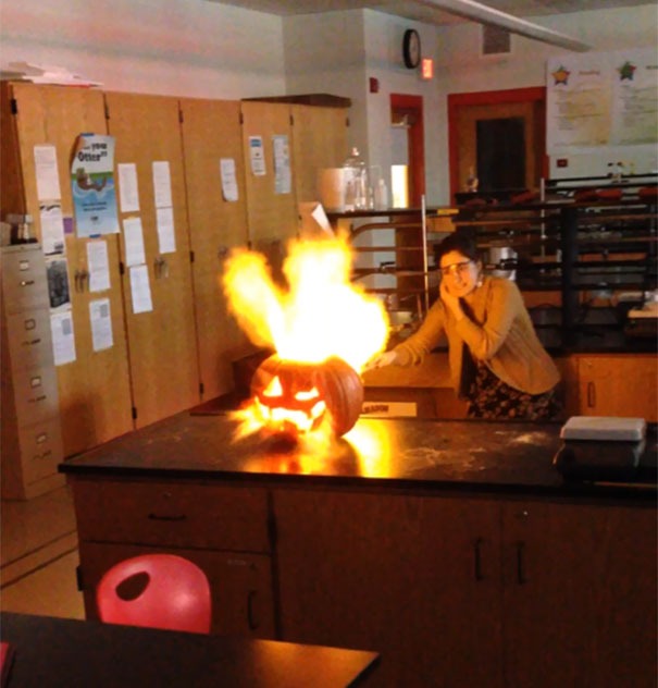 Teacher with an exploding pumpkin