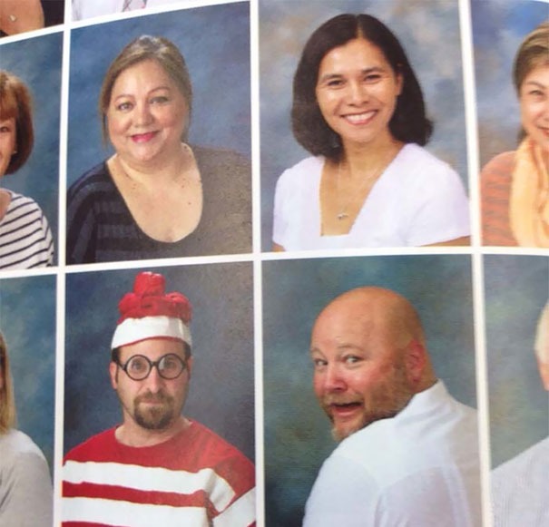 Teacher dressed up as Waldo in a yearbook