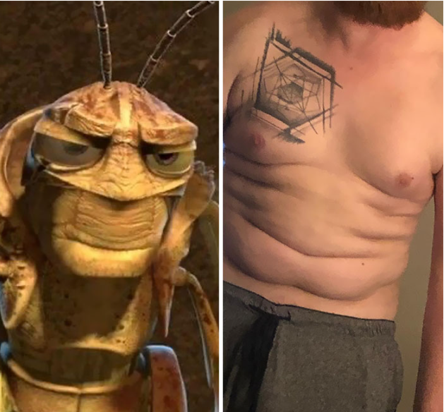Man who's mid section looks like a Bug's Life character