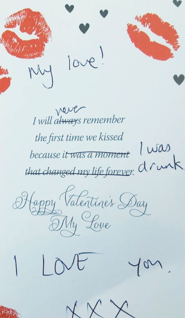 A card written to her husband