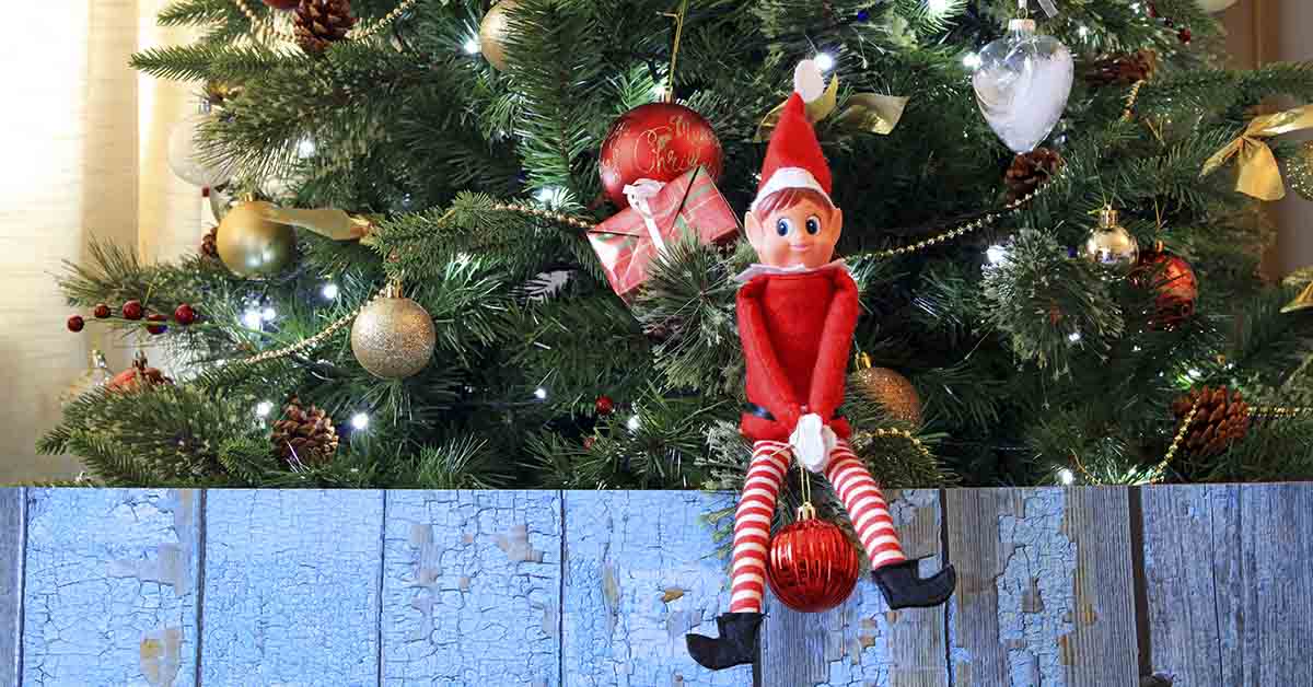 toy elf sitting on top of wooden fence near Christmas tree. elf on a shelf concept