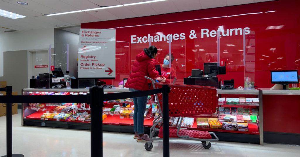 Lynnwood, WA USA - circa February 2023: Wide view of the exchanges and returns line inside a Target retail store.
