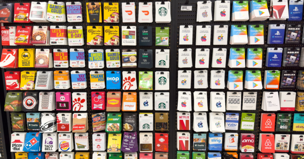San Jose, CA - May 26, 2023: Large display rack full of various gift cards, from restaurants to online streaming services.
