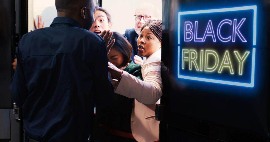 Aggressive people arguing with security at clothing shop front door, waiting in line for black friday promotions. Bargan hunters rushing to enter retail store in search of deals and special offers.