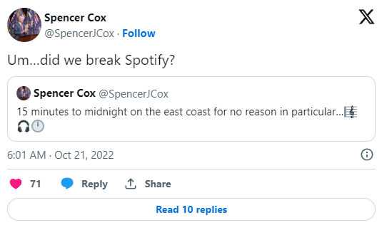 Spencer Cox referring to Taylor Swift's 1989 re=release announcement