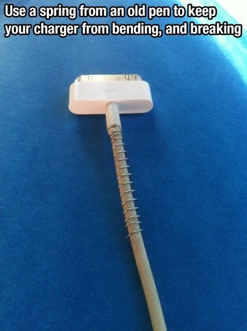 Avoid the common issue of charging cables wearing out and breaking prematurely. Use this excellent hack to safeguard them by employing a spring from an old pen.