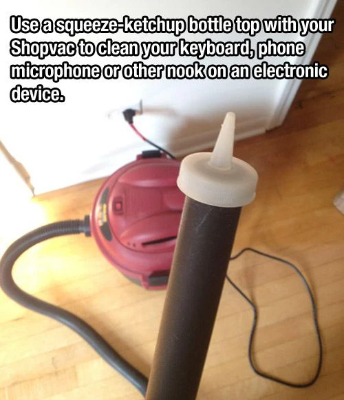 Dust and dirt often collect on computer keyboards and charging ports. Employ this clever hack for cleaning: grab a ketchup bottle top and your vacuum.