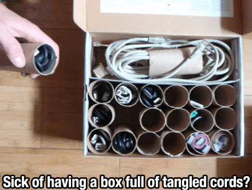 If you're like most people, you likely have a jumble of wires and cables lying around. Employ this easy hack to get things in order. All it takes is a shoebox and a few toilet paper rolls.