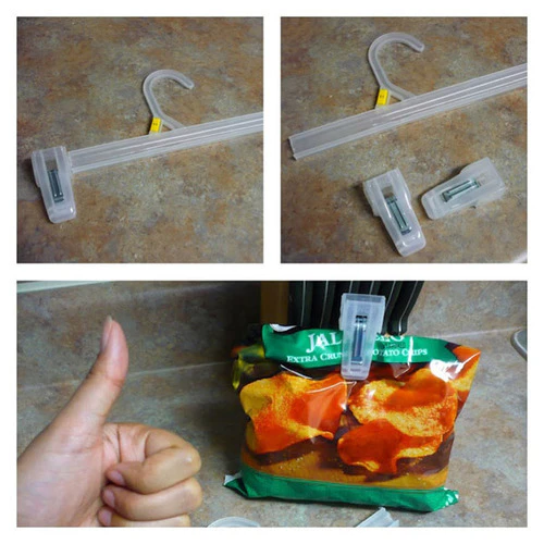 When needing food bag clips, utilize this easy life hack using an old clip hanger.
