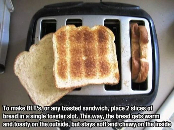 Craft toasted sandwiches swiftly, even without a sandwich maker, using this simple life hack. Put two slices into the same toaster slot!