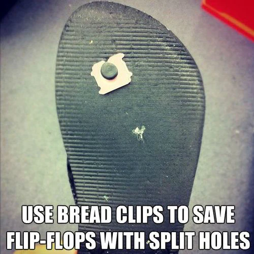 Instead of discarding split flip-flops, prolong their life with a bread clip as a quick fix.