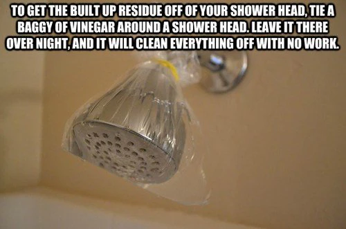 Save time with this cool life hack. Pour vinegar into a bag and secure it around your shower head. The next day, it'll be as clean as new!