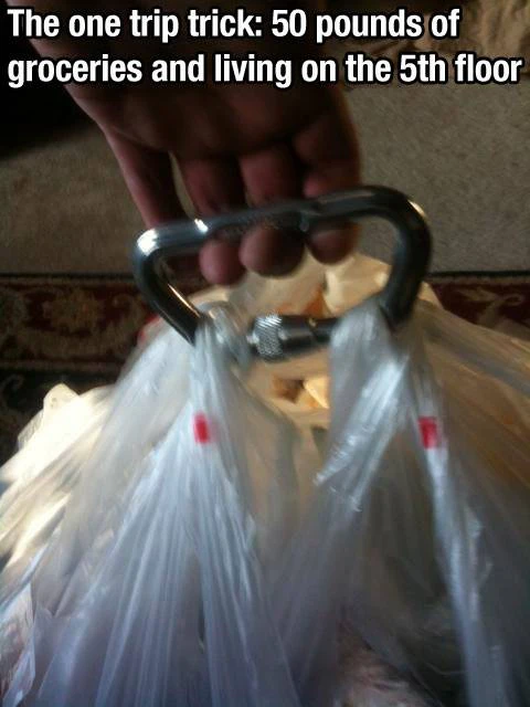 Avoid hand strain from grocery bags. Use a carabiner to clip them together for easy handling.