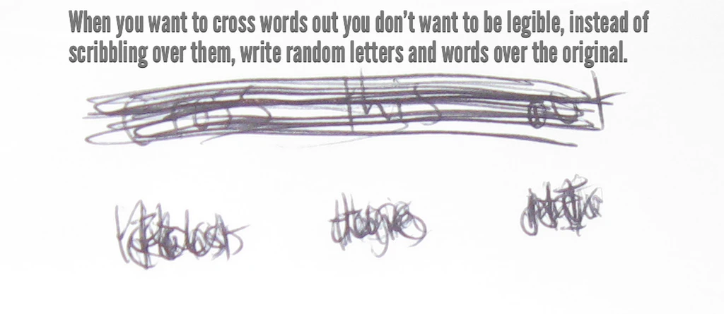 Avoid readable crossed-out words. Instead of scribbling, write random numbers and letters over the text.