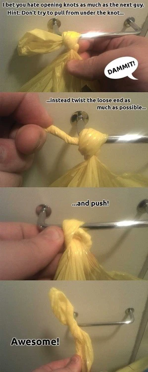 Untie knots faster by twisting the ends and pushing them into each other rather than attempting to pull them apart.