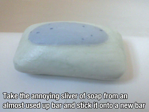 Combine the remaining small piece of a used bar of soap with a new one for easier use.