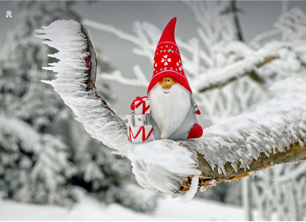 Santa Figurine on tree with Christmas gift.