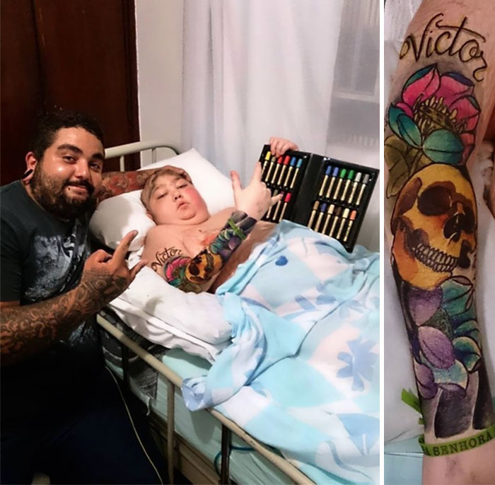 Kid in bed with new tattoo and markers next to artist
